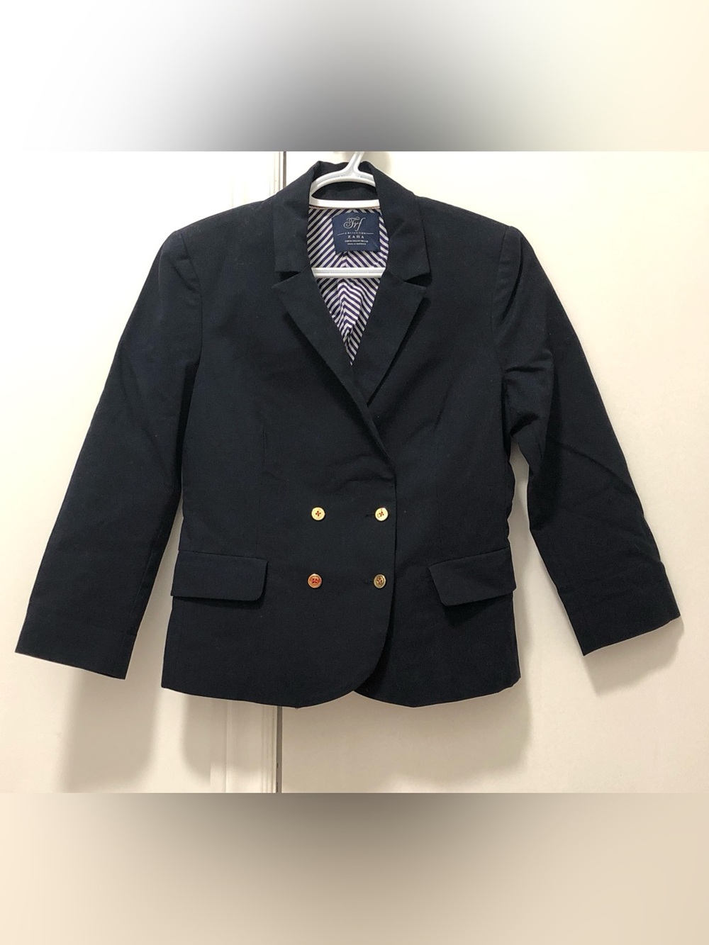 women's zara navy blue blazer gold button professional work office button